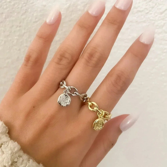 925 Sterling Silver Curb Chain Ring Chunky Dangle Charm Ring Dainty Boho Ring - Picture 6 of 9